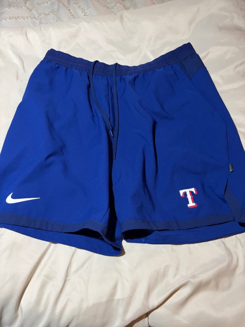 Nike Men's Blue Athletic Shorts with Texas Rangers T Logo